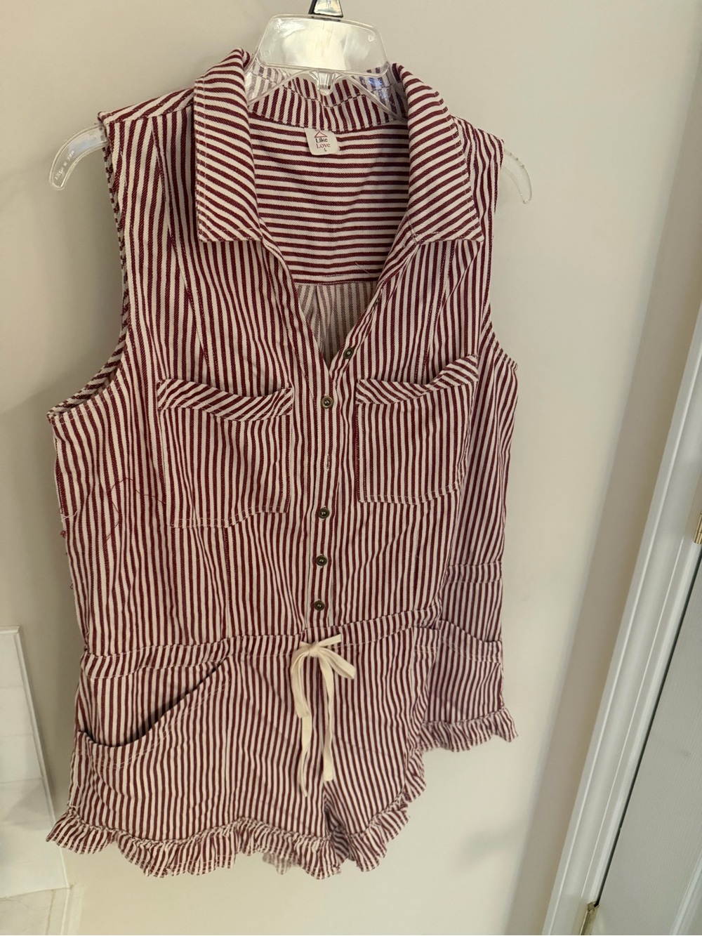 Striped Sleeveless Button Romper in Burgundy & White